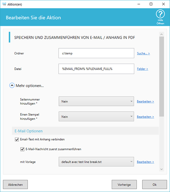 Optionen zum Zusammenführen in PDF